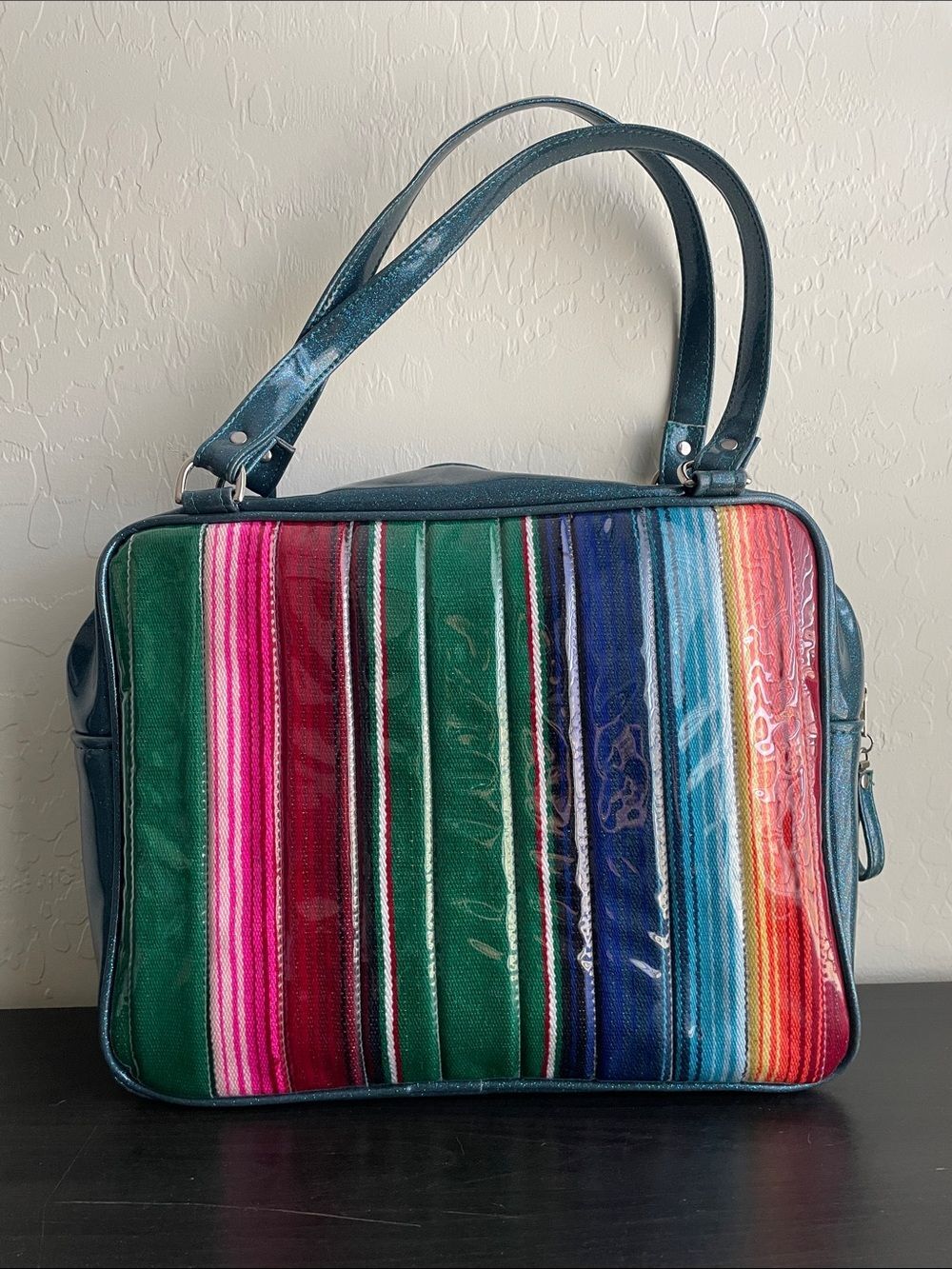 Trophy Queen Metallic Teal Shoulder Bag with Multicolor Stripe Front - Picture 2 of 7